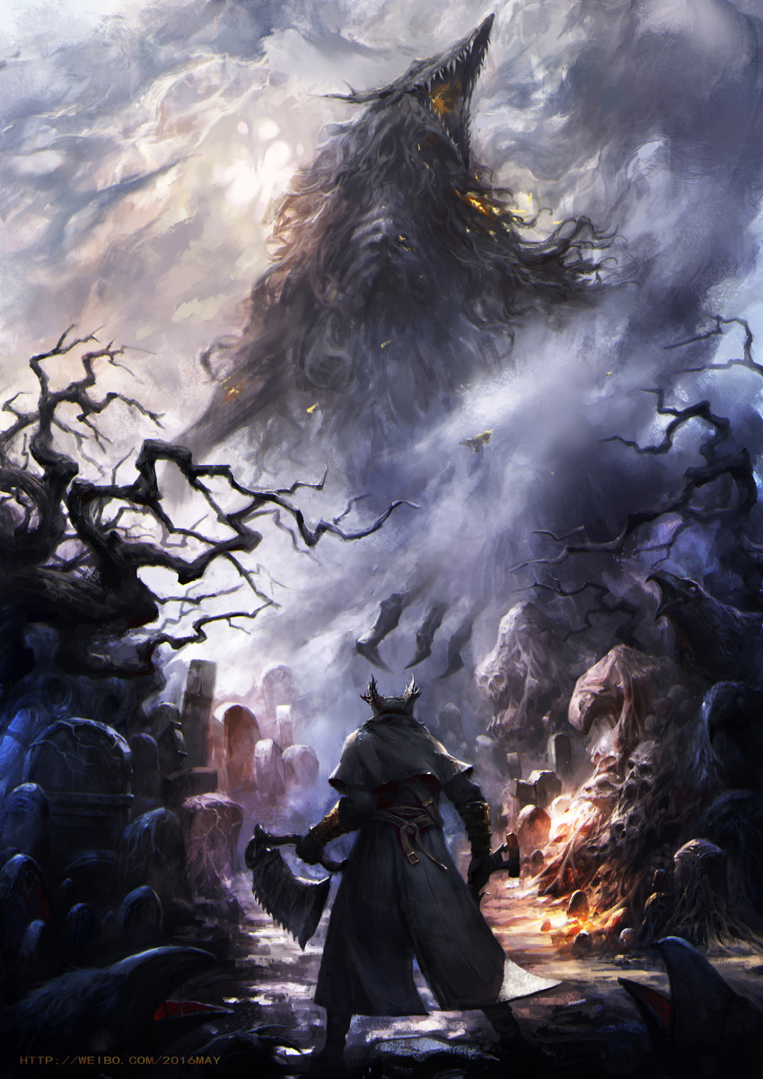 1other 2016may_(13038148) absurdres bare_tree belt bird black_capelet black_coat black_gloves black_headwear bloodborne capelet chinese_commentary claws cleric_beast coat crow dual_wielding facing_another fog from_behind gloves gun hat highres holding holding_gun holding_weapon hunter_(bloodborne) long_coat long_sleeves monster open_mouth outdoors saw_cleaver shoes size_difference skull standing teeth tombstone tree tricorne vambraces watermark weapon web_address weibo_username