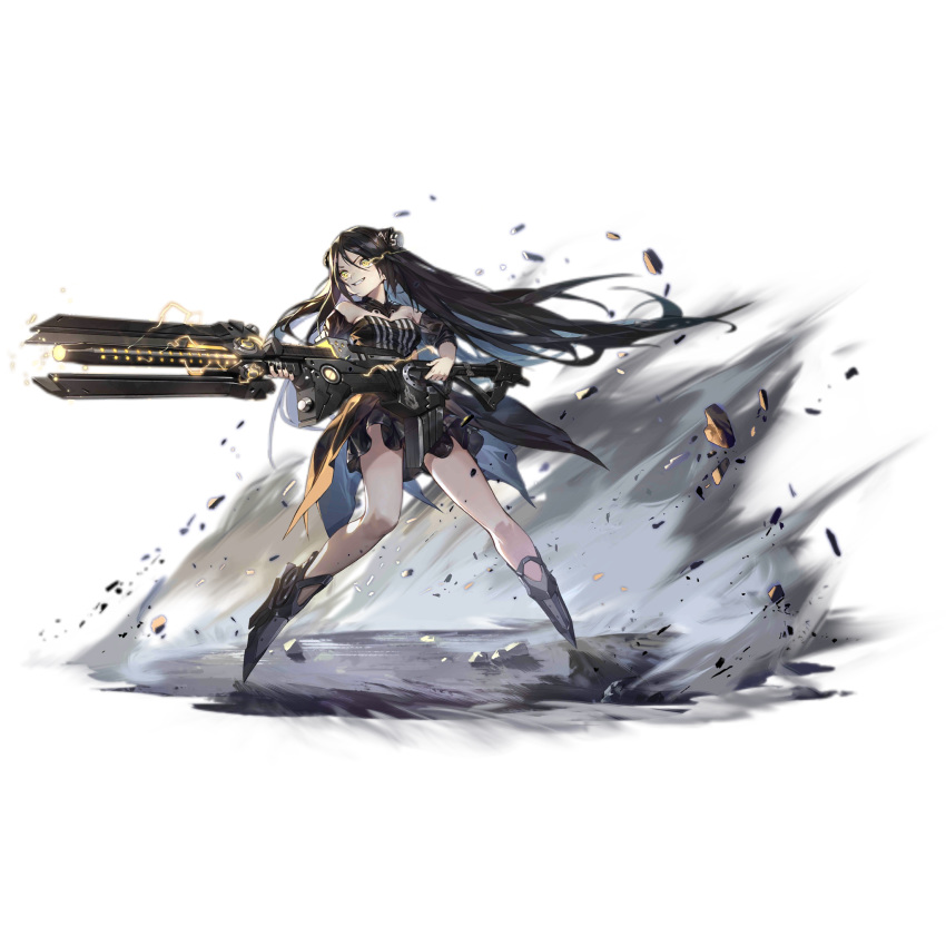 1girl aiming black_hair breasts dirt dreamer_(girls_frontline) electricity full_body girls_frontline glowing glowing_eyes grin hair_between_eyes hair_ornament highres long_hair looking_to_the_side medium_breasts railgun smile solo transparent_background weapon yellow_eyes