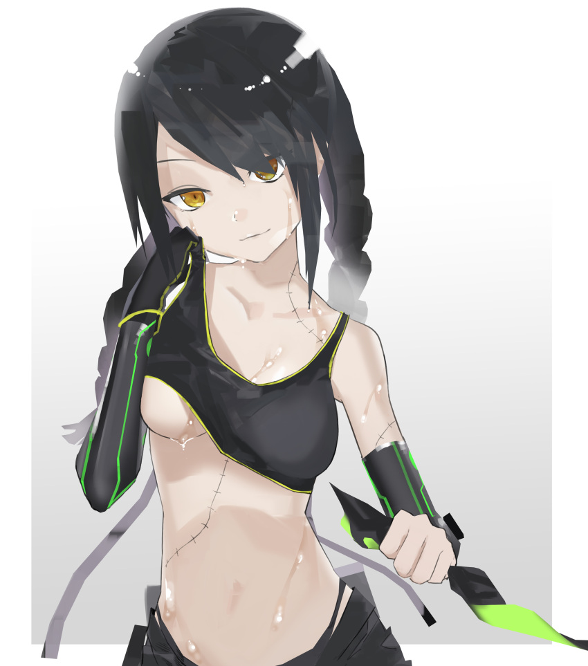 1girl absurdres alternate_eye_color arm_sheath belt belt_pouch black_gloves black_hair black_shorts braid breasts collarbone crop_top detached_sleeves girls_frontline gloves gradient gradient_background green_trim grey_background hair_over_one_eye hand_on_own_cheek hand_on_own_face head_tilt highres holding knife long_hair looking_at_viewer low_twintails mac-10_(girls_frontline) medium_breasts midriff navel pouch qkd331 shirt_lift shorts single_glove smirk solo stitches strap sweat thong twin_braids twintails under_boob wiping_sweat yellow_eyes