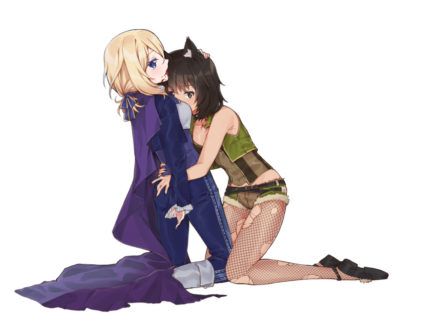 2girls andou_(girls_und_panzer) animal_ears armpit_peek ass bare_shoulders between_breasts black_hair blonde_hair blue_eyes blush breasts brown_eyes cape cosplay eyebrows_visible_through_hair fishnet_legwear fishnets full_body girls_und_panzer hair_ornament hair_ribbon head_between_breasts highres kneeling medium_breasts multiple_girls open_mouth oshida_(girls_und_panzer) ribbon saliva shiny shiny_hair short_hair shorts simple_background tongue tongue_out vampire werewolf white_background wolf_ears yuri