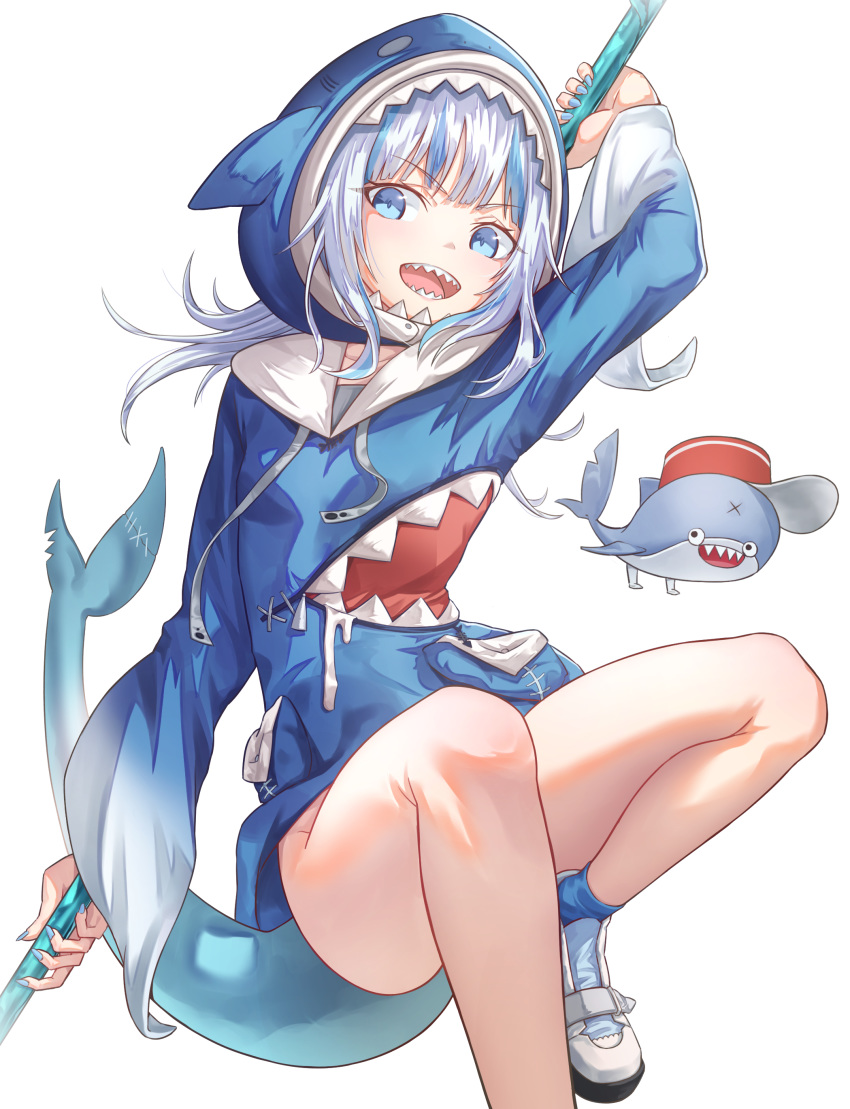 1girl absurdres bloop_(gawr_gura) blue_eyes blue_hair gawr_gura highres holding holding_polearm holding_weapon hololive hololive_english hood ildy legs long_hair long_sleeves multicolored_hair open_mouth polearm shark_hood shark_tail sharp_teeth shoes simple_background tail teeth two-tone_hair virtual_youtuber weapon white_background white_footwear