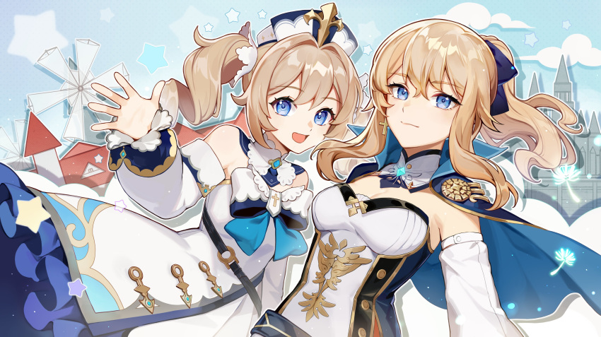 2girls absurdres bangs barbara_(genshin_impact) bare_shoulders blonde_hair blue_eyes bow breasts capelet closed_mouth clouds cross cross_earrings curly_hair dandelion_seed earrings genshin_impact hair_between_eyes hair_ornament hair_ribbon hat highres jean_gunnhildr jewelry latin_cross long_hair medium_breasts multiple_girls official_art open_mouth ponytail popped_collar ribbon ringlets sidelocks sisters skirt smile star_(symbol) twintails waving white_sleeves windmill