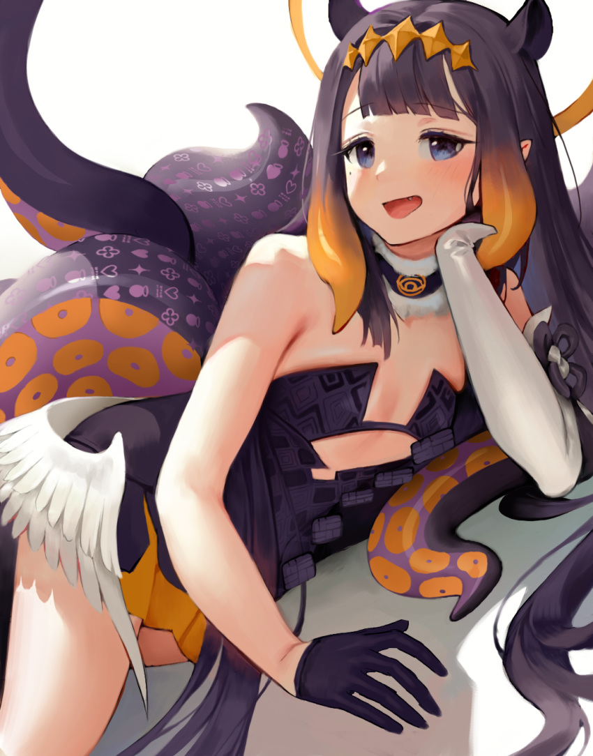 1girl bangs bare_shoulders black_dress blush breasts charles_(106858) detached_collar detached_sleeves dress fang fur_collar halo highres hololive hololive_english long_hair looking_at_viewer low_wings mole mole_under_eye ninomae_ina'nis open_mouth purple_hair short_dress sidelocks single_detached_sleeve small_breasts smile tentacle_hair tentacles violet_eyes virtual_youtuber wings