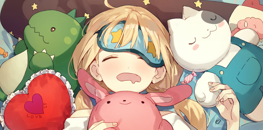 1girl ahoge banababa blonde_hair closed_eyes futaba_anzu heart heart_pillow idolmaster idolmaster_cinderella_girls lying on_back pillow sleep_mask sleeping solo stuffed_animal stuffed_bunny stuffed_cat stuffed_dinosaur stuffed_toy twintails upper_body