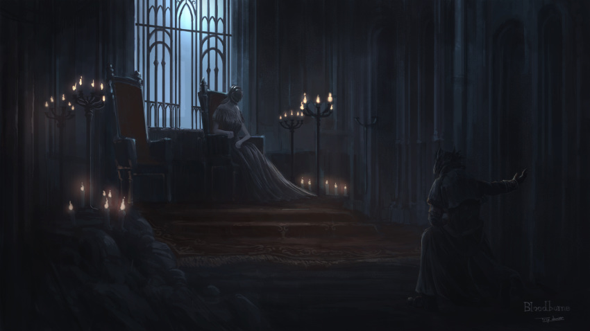 1girl 1other annalise_queen_of_the_vilebloods arm_on_knee artist_name bloodborne brown_coat brown_gloves candle candlelight capelet chair coat commentary copyright_name dress from_behind gloves grey_dress hat helm helmet highres hunter_(bloodborne) indoors long_sleeves one_knee shoes sitting standing tricorne tripdancer window