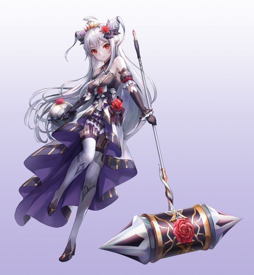 1girl absurdres ahoge black_dress black_gloves breasts dress flower fruits_fulcute! full_body gloves hair_flower hair_ornament highres holding holding_weapon long_hair looking_at_viewer lunacle red_eyes small_breasts solo standing standing_on_one_leg thigh-highs tiara war_hammer weapon white_hair white_legwear