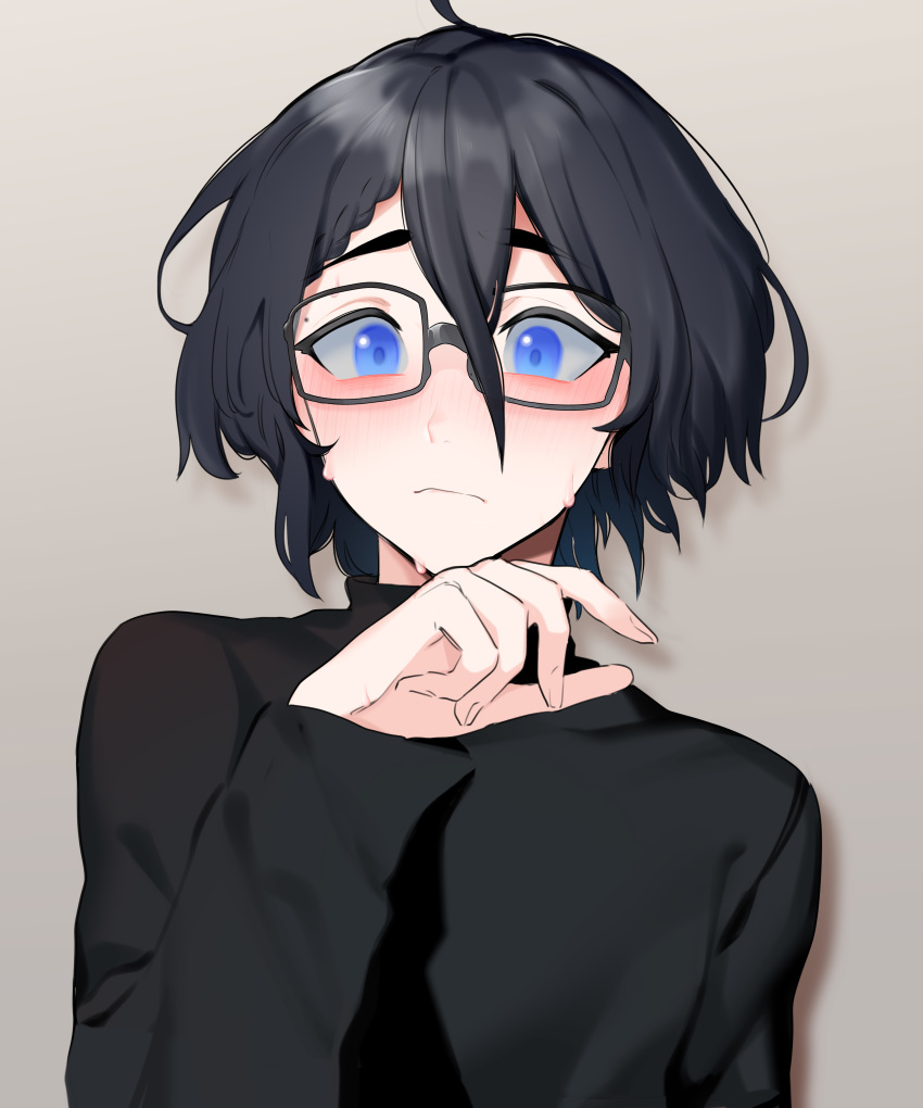 1boy absurdres ahoge bangs black-framed_eyewear black_hair black_sweater blue_eyes blush braid brown_background closed_mouth commentary frown glasses hair_between_eyes hand_on_own_chin hand_up highres indie_virtual_youtuber kushizaki_(vtuber) long_sleeves looking_at_viewer male_focus short_hair solo st_(youx1119) sweat sweater upper_body