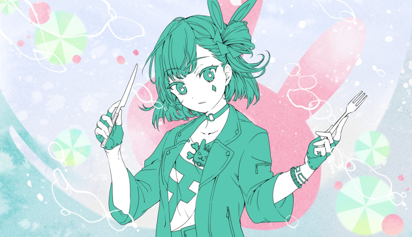 1girl bangs bati15 choker eyebrows_visible_through_hair fingerless_gloves fork gloves green_eyes green_gloves green_hair green_jacket hair_ornament hands_up highres holding holding_fork holding_knife jacket knife official_art one_side_up open_clothes open_jacket partially_colored rabbit shirt short_hair solo symbol-shaped_pupils tenjin_kotone tenjin_kotone_(channel) upper_body virtual_youtuber