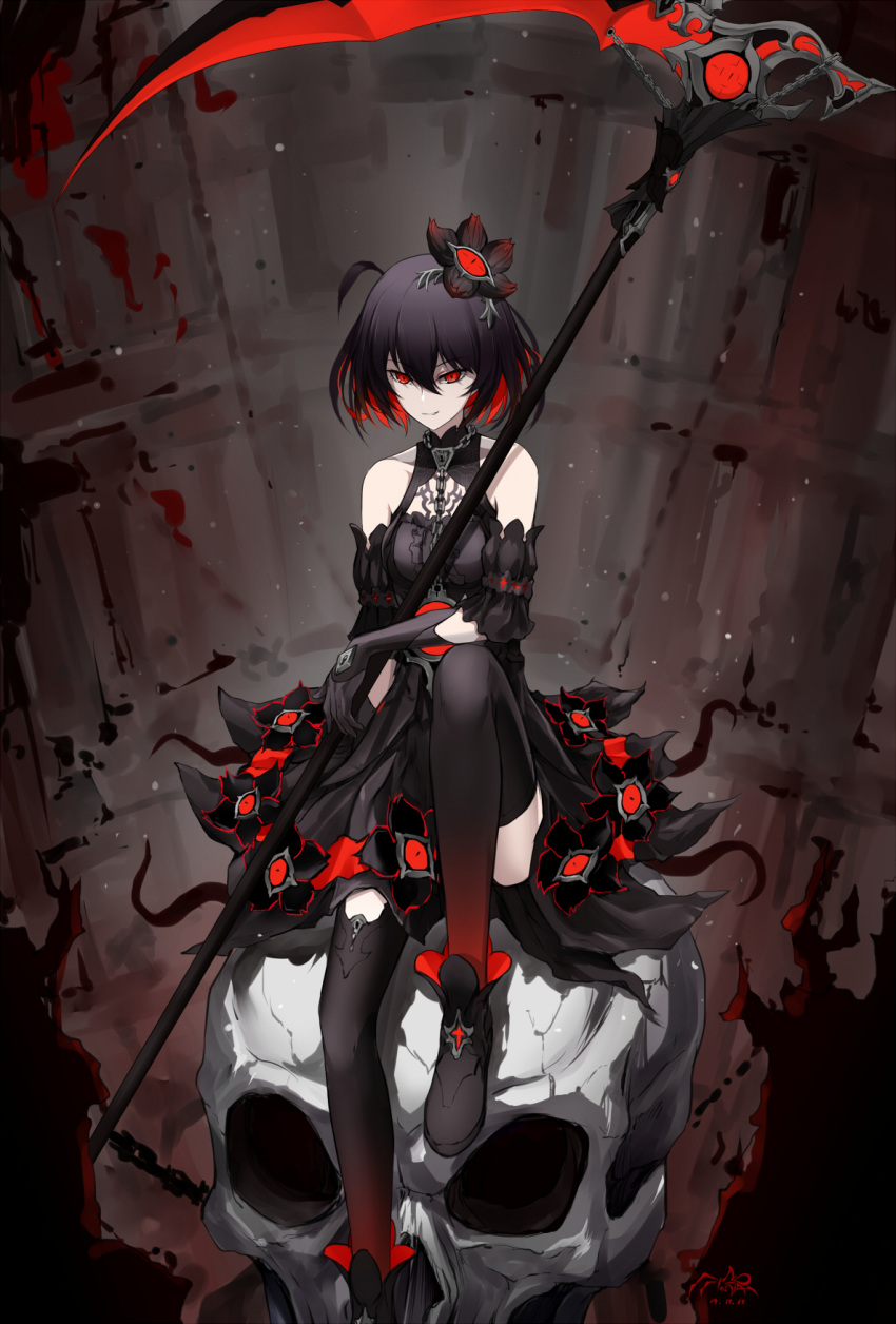 1girl ahoge black_dress black_footwear black_gloves black_hair black_legwear boots breasts chain dark_persona detached_sleeves dress dress_flower evil_smile eyebrows eyebrows_visible_through_hair eyelashes gloves hair_ornament highres honkai honkai_(series) honkai_impact_3rd keyhole multicolored_hair pale_skin red_eyes redhead scythe seele_(alter_ego) seele_vollerei seele_vollerei_(stygian_nymph) shibanme_tekikumo short_hair sitting skull small_breasts smile solo streaked_hair tentacles thigh-highs third_eye two-tone_hair