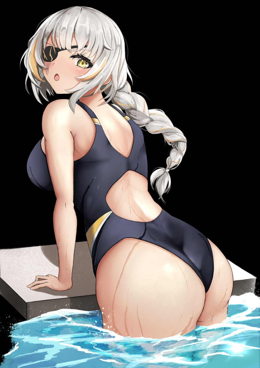 1girl ass black_background black_swimsuit braid competition_swimsuit eyepatch girls_frontline highres long_hair looking_at_viewer looking_back m16a1_(girls_frontline) m16a1_(girls_frontline)_(boss) one-piece_swimsuit simple_background solo swimsuit wading wet white_hair yan_kodiac yellow_eyes