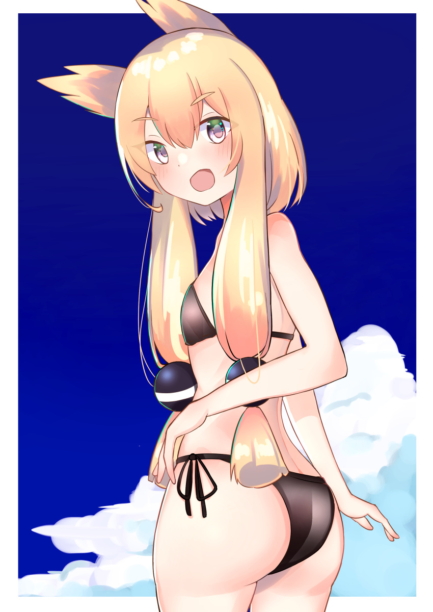 1girl absurdres alternate_costume ass azur_lane bikini blonde_hair blue_sky blush breasts clouds eyebrows_visible_through_hair grape130319 hair_ornament highres long_hair looking_at_viewer open_mouth sky small_breasts swimsuit thigh-highs twintails warspite_(azur_lane)