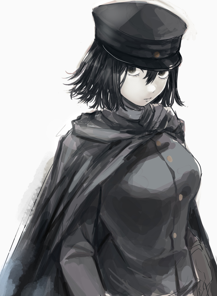 1girl absurdres akitsu_maru_(kantai_collection) bangs black_cape black_eyes black_gloves black_hair black_headwear breasts cape closed_mouth gloves grey_background hagioshi hair_between_eyes hat highres kantai_collection large_breasts long_sleeves military military_uniform pale_skin peaked_cap short_hair simple_background solo uniform upper_body