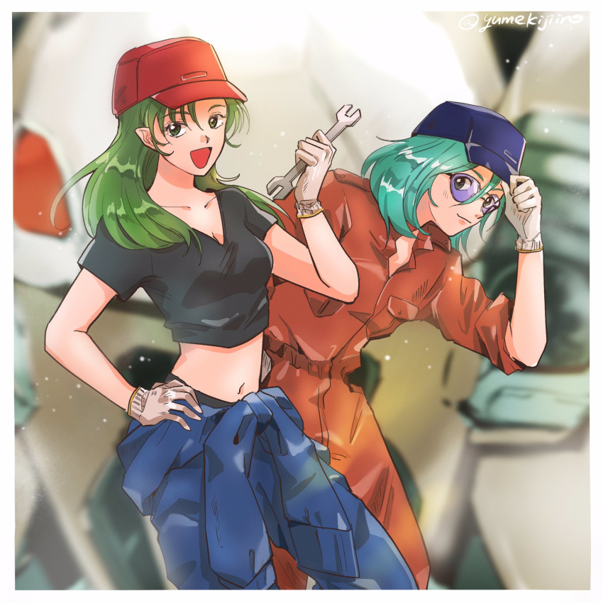 1boy 1girl blue_hair breasts choujikuu_yousai_macross glasses gloves green_eyes green_hair hand_on_hip hat highres holding holding_wrench jumpsuit long_hair looking_at_viewer macross maximilian_jenius midriff millia_jenius navel open_mouth pointy_ears small_breasts smile white_gloves wrench yumekijiiro