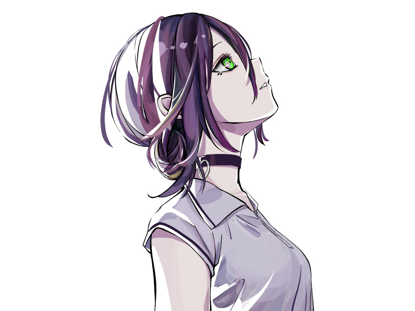 1girl absurdres black_choker black_hair black_ribbon breasts chainsaw_man choker collared_shirt green_eyes hair_between_eyes highres looking_up medium_hair natsume_hinako parted_lips reze_(chainsaw_man) ribbon shirt short_sleeves simple_background small_breasts solo standing white_background white_shirt