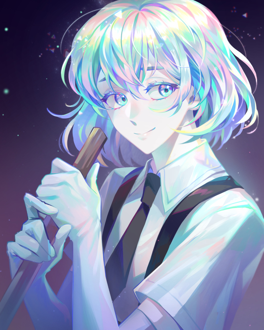 1other androgynous black_neckwear collar collared_shirt diamond_(houseki_no_kuni) elbow_gloves gem_uniform_(houseki_no_kuni) gloves highres houseki_no_kuni hsh7955 looking_at_viewer multicolored multicolored_eyes multicolored_hair necktie rainbow_hair shirt short_hair short_sleeves smile solo sparkle weapon white_gloves