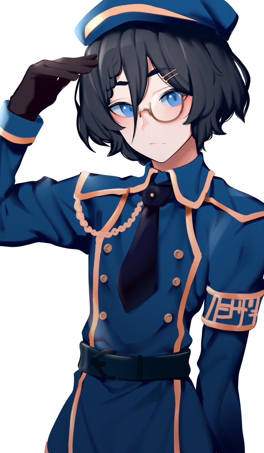 1boy absurdres aiguillette arm_at_side arm_up belt beret black_gloves black_hair blue_belt blue_eyes blue_headwear blue_neckwear blue_shirt blush braid closed_mouth collared_shirt commentary_request double-breasted gloves hair_between_eyes hair_ornament hairclip hat highres indie_virtual_youtuber kushizaki_(vtuber) long_sleeves looking_at_viewer military military_uniform monocle necktie salute semi-rimless_eyewear shirt short_hair simple_background solo st_(youx1119) under-rim_eyewear uniform upper_body white_background