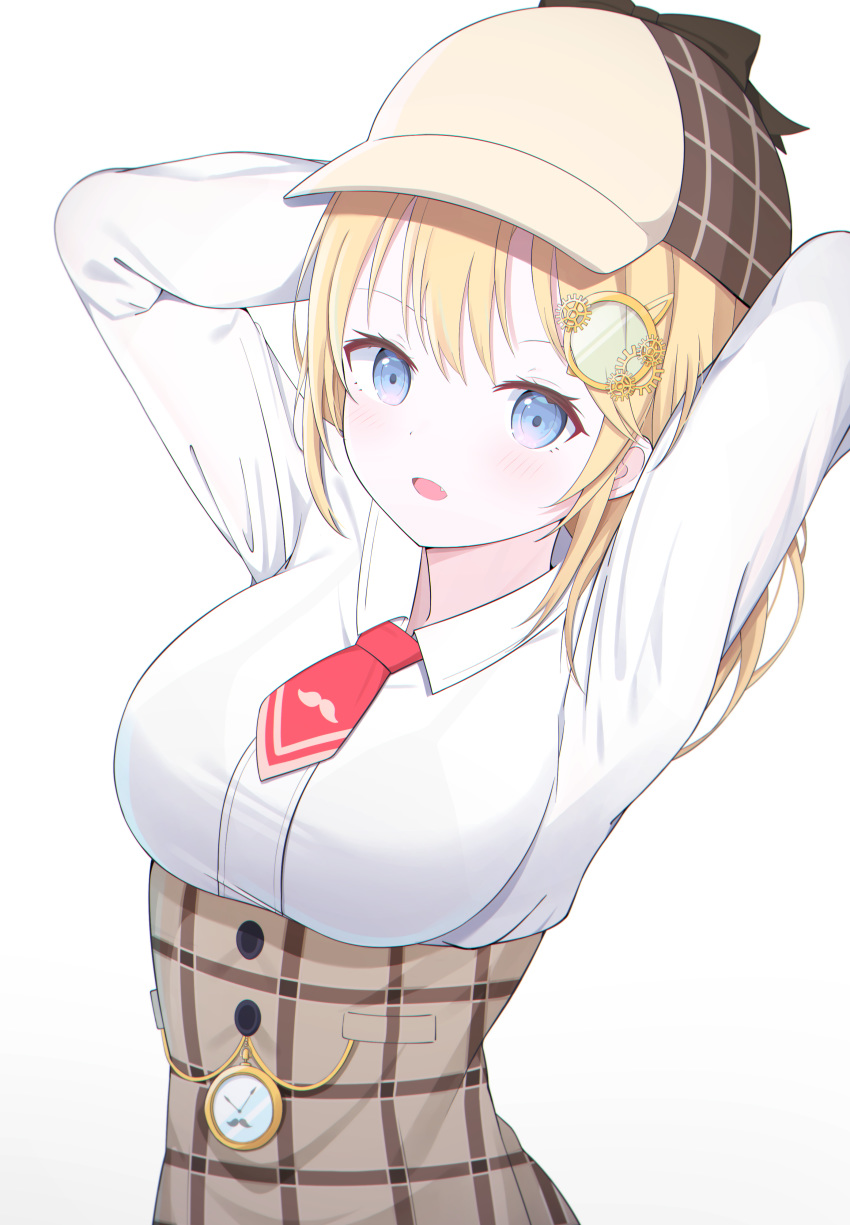 1girl absurdres blonde_hair blue_eyes brown_skirt collared_shirt detective hat highres hololive hololive_english long_sleeves looking_at_viewer monocle_hair_ornament mustache_print necktie open_mouth pocket_watch red_neckwear shirt skirt solo starfox1015 virtual_youtuber watch watson_amelia white_shirt