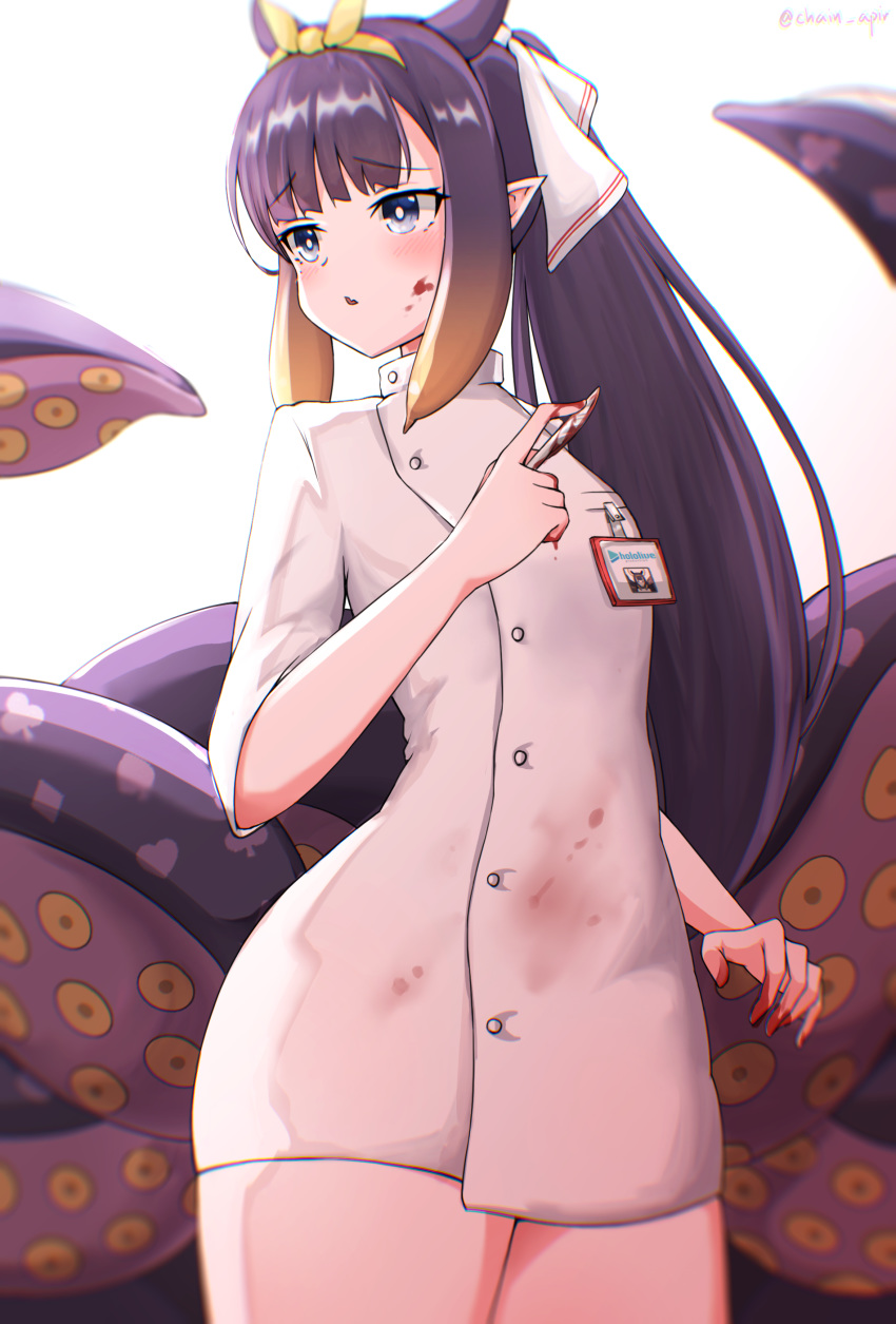 1girl absurdres bangs blood blue_eyes blush chain's highres hololive hololive_english long_hair multicolored_hair ninomae_ina'nis nurse pointy_ears purple_hair solo tentacle_hair tentacles virtual_youtuber wide_hips