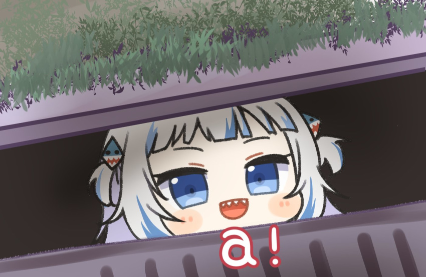 1girl :d a blue_eyes blue_hair chibi commentary_request english_text gawr_gura hair_ornament hololive hololive_english it_(stephen_king) open_mouth parody sewer sewer_grate sharp_teeth smile solo storm_drain teeth virtual_youtuber yasashi_v