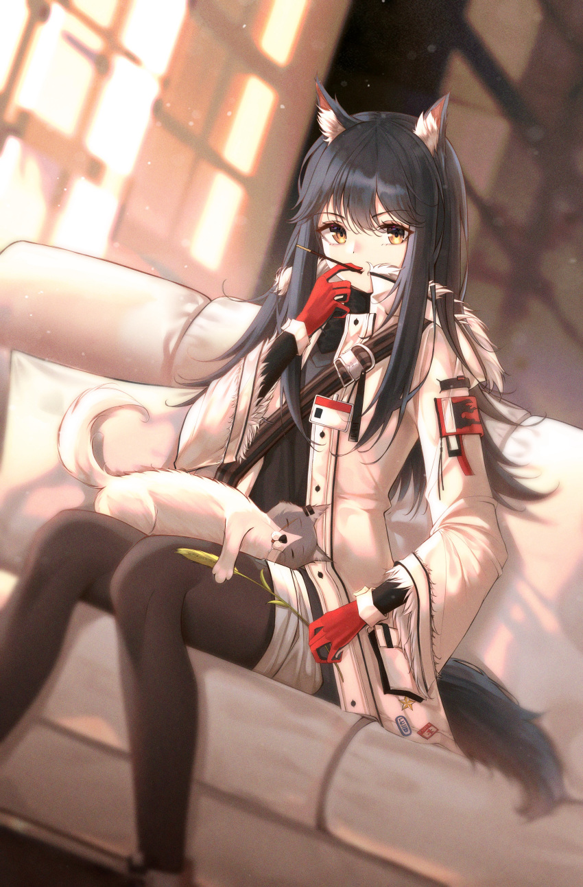 1girl absurdres animal_ears arknights black_hair black_legwear cat couch highres indoors jacket jung5u long_hair looking_at_viewer name_tag pantyhose short_shorts shorts sitting solo tail texas_(arknights) yellow_eyes