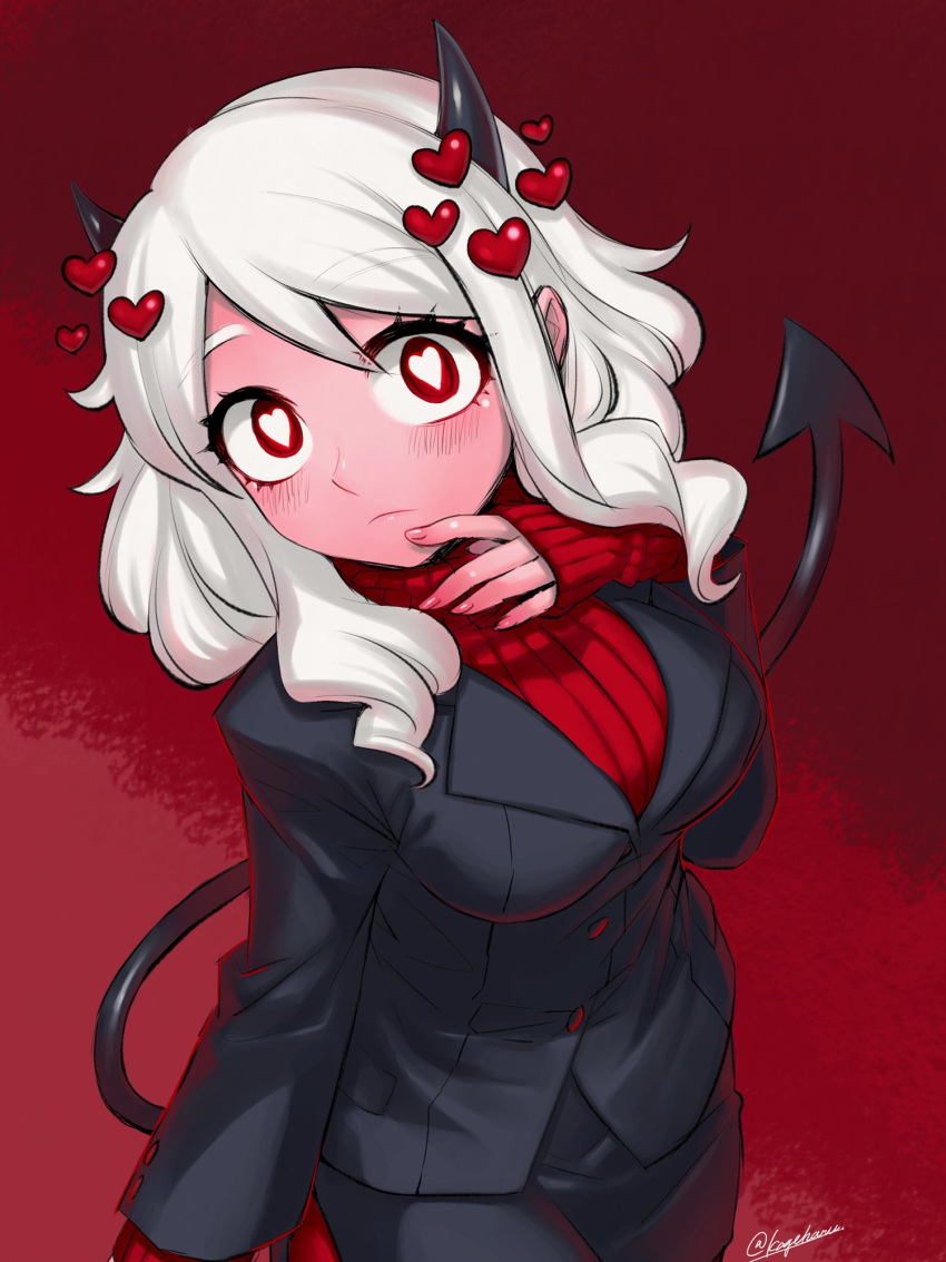 1girl bangs black_horns black_suit black_tail blush closed_mouth commentary demon_girl demon_horns demon_tail eyebrows_visible_through_hair finger_to_mouth head_tilt heart heart-shaped_pupils helltaker highres horns kageharu light_frown long_sleeves looking_at_viewer medium_hair modeus_(helltaker) red_background red_eyes red_sweater ribbed_sweater solo standing sweater swept_bangs symbol-shaped_pupils tail turtleneck twitter_username white_hair