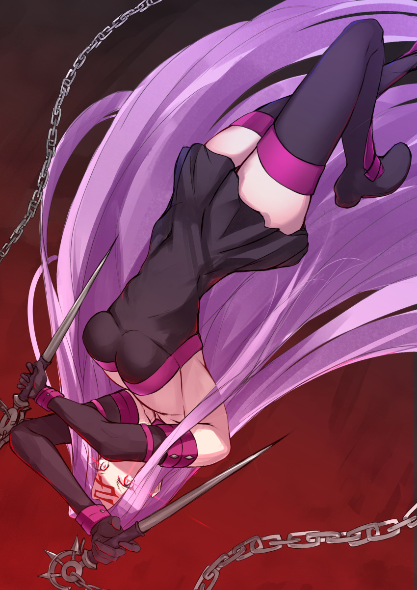 1girl absurdres bangs black_dress black_footwear black_sleeves boots breasts chain collar dagger detached_sleeves dress facial_mark fate/stay_night fate_(series) forehead_mark highres long_hair long_sleeves looking_at_viewer nameless_dagger nanakaku purple_collar purple_hair rider short_dress thigh-highs thigh_boots upside-down very_long_hair violet_eyes weapon