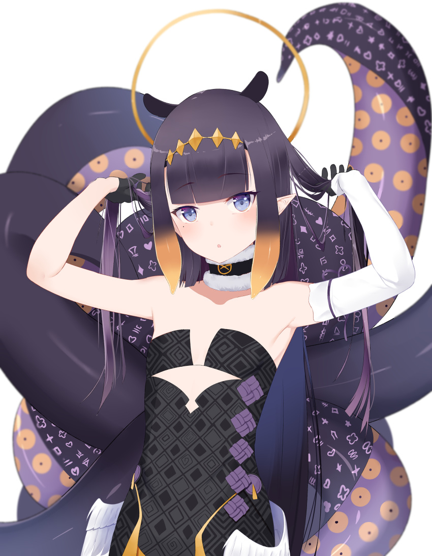 1girl :o absurdres armpits arms_up bangs black_dress black_gloves blue_eyes blunt_bangs blush breasts detached_sleeves dress fur_collar gloves halo highres holding holding_hair hololive hololive_english long_hair looking_at_viewer low_wings mengo mole mole_under_eye monster_girl ninomae_ina'nis pointy_ears purple_hair simple_background single_detached_sleeve small_breasts solo strapless strapless_dress tentacle_hair tentacles tiara upper_body virtual_youtuber wings