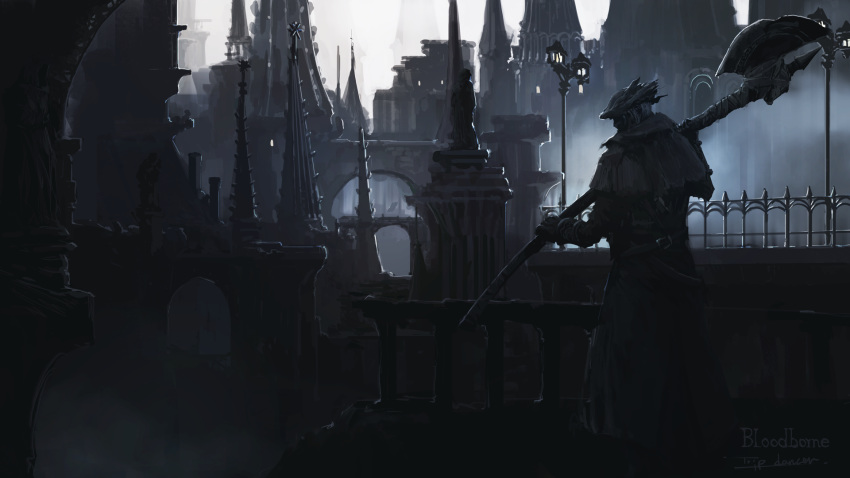 1other ambiguous_gender architecture axe belt bloodborne brown_gloves building capelet cityscape coat commentary from_behind gloves grey_hair hand_up hat highres holding holding_axe hunter_(bloodborne) lamppost polearm ruins scenery short_hair solo statue torn_capelet torn_clothes torn_hat tricorne tripdancer weapon