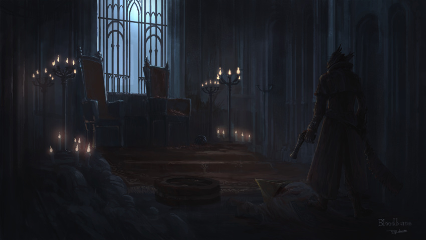 alfred_(bloodborne) annalise_queen_of_the_vilebloods artist_name blood bloodborne brown_capelet brown_coat brown_gloves candle candlelight candlestand capelet carpet chair coat commentary copyright_name corpse gloves gun hat helmet highres holding holding_gun holding_weapon hunter_(bloodborne) indoors logarius_wheel on_person red_carpet saw_cleaver spoilers standing tricorne tripdancer weapon white_robe window