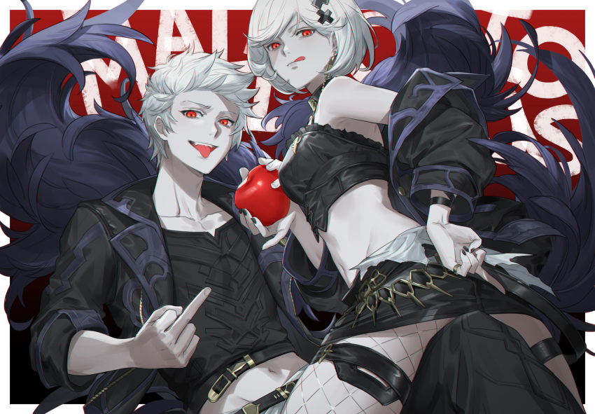 1boy 1girl :p alter_ego_malevolent_(granblue_fantasy) apple bangs bare_shoulders belt between_legs black_jacket black_nails black_pants black_ribbon black_shirt black_skirt breasts choker closed_mouth cross_hair_ornament djeeta_(granblue_fantasy) earrings fishnet_legwear fishnets food fruit girl_on_top gran_(granblue_fantasy) granblue_fantasy grey_hair hair_ornament highres holding holding_food holding_fruit jacket jewelry licking_lips long_sleeves looking_at_viewer looking_down medium_breasts microskirt middle_finger midriff nail_polish off_shoulder open_clothes open_jacket open_mouth outside_border pale_skin pants pantyhose pencil_skirt pinky_out purple_wings red_background red_eyes ribbon ring shirt short_hair single_leg_pantyhose sitting skirt swept_bangs tki tongue tongue_out wings x_hair_ornament