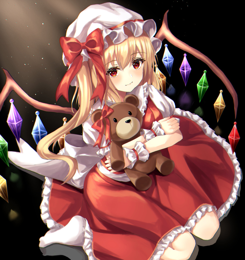 1girl absurdres alternate_hairstyle black_background blonde_hair blush commentary eyebrows_visible_through_hair flandre_scarlet from_above hair_between_eyes hat hat_ribbon highres holding holding_stuffed_toy kure:kuroha light_beam light_particles light_smile looking_at_viewer mob_cap on_floor petticoat puffy_short_sleeves puffy_sleeves red_eyes red_skirt red_vest reflective_floor ribbon shirt short_hair short_sleeves simple_background sitting skirt socks solo stuffed_animal stuffed_toy teddy_bear touhou vest wariza white_headwear white_legwear white_shirt wings wrist_cuffs