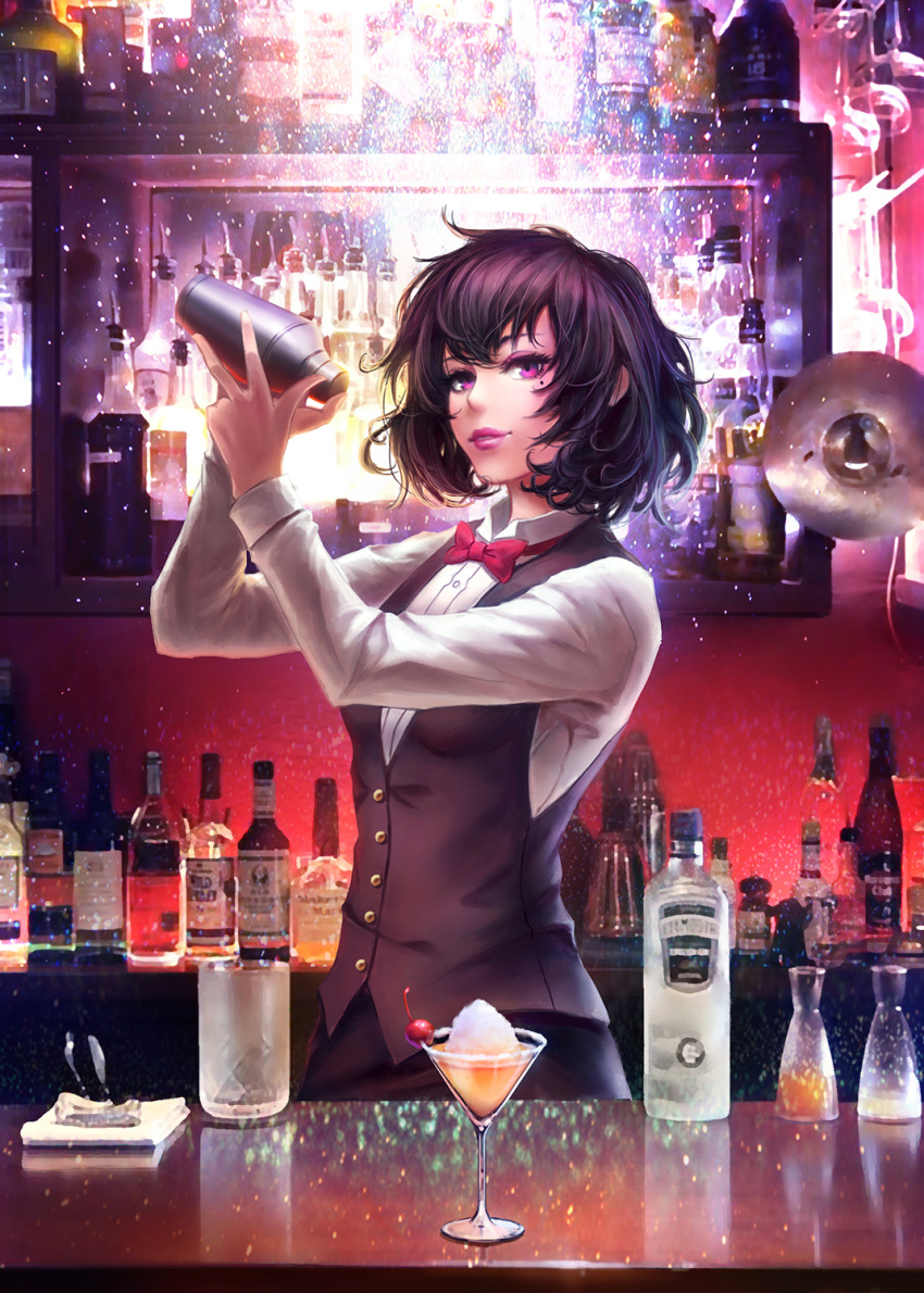 1girl alcohol bartender black_hair bow bowtie chain_sumeragi cherry cocktail_glass cocktail_shaker counter cup drinking_glass food fruit highres indoors kekkai_sensen long_sleeves looking_at_viewer mole mole_under_eye pink_eyes red_bow shaking shirt solafuxiao solo vest white_shirt
