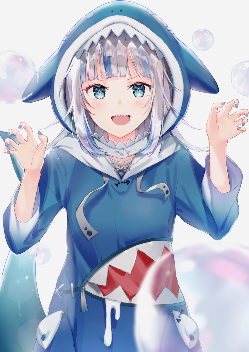 1girl absurdres bangs blue_eyes blue_hair blue_hoodie blue_nails blunt_bangs blush bubble cbi_cbi commentary_request fingernails gawr_gura hands_up highres hololive hololive_english hood long_sleeves looking_at_viewer multicolored_hair nail_polish open_mouth shark_hood shark_tail sharp_teeth smile solo tail teeth two-tone_hair upper_teeth virtual_youtuber white_background white_hair