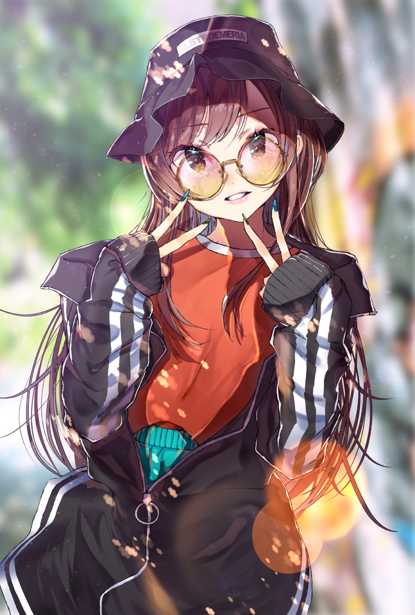 1girl bangs black_headwear black_jacket blurry blurry_background brown_eyes brown_hair clothes_writing cowboy_shot depth_of_field double_v eyebrows_visible_through_hair fingernails glasses highres idolmaster idolmaster_shiny_colors jacket lens_flare long_fingernails long_hair long_sleeves looking_at_viewer multicolored multicolored_nails nail_polish oosaki_amana parted_lips partially_unzipped red_shirt round_eyewear shirt sleeves_past_wrists smile solo straight_hair swept_bangs v very_long_hair yae_(mono110) yellow-tinted_eyewear