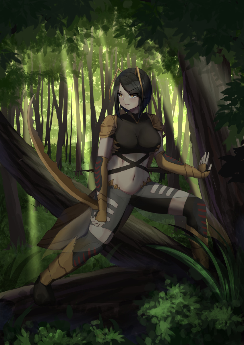 1girl absurdres antennae black_hair closed_mouth commission eyebrows_visible_through_hair flareza forest highres insect_girl mantis_(monster_girl_encyclopedia) mantis_girl midriff monster_girl monster_girl_encyclopedia nature navel outdoors second-party_source serious short_hair solo tree v-shaped_eyebrows weapon