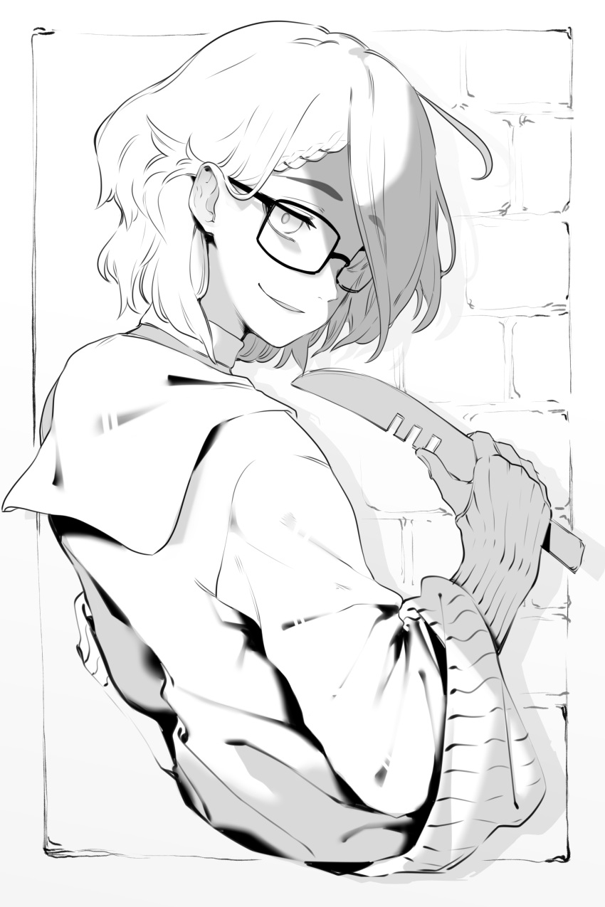 1boy absurdres bangs border braid brick_wall choker commentary_request cropped_torso fingerless_gloves from_behind glasses gloves greyscale highres holding holding_knife indie_virtual_youtuber jacket knife kushizaki_(vtuber) long_sleeves looking_at_viewer monochrome outside_border parted_lips ribbed_gloves short_hair smile solo st_(youx1119) white_border yandere