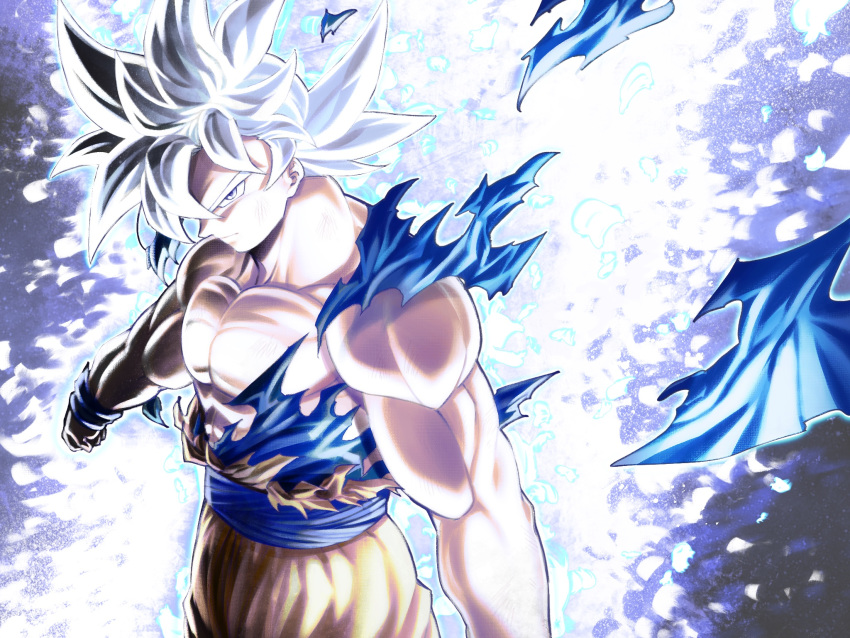 1boy aura clenched_hands closed_mouth dougi dragon_ball dragon_ball_super grey_eyes highres looking_at_viewer male_focus mattari_illust muscle silver_hair smile solo son_gokuu spiky_hair standing torn_clothes ultra_instinct