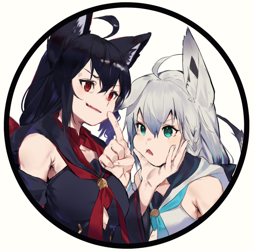 2girls ahoge animal_ears bangs bare_shoulders black_hair black_hoodie blue_neckwear cheek_poking commentary_request detached_sleeves eyebrows_visible_through_hair fang fox_ears fox_girl fox_tail green_eyes hair_between_eyes hand_on_another's_face highres hololive kurokami_fubuki long_hair multiple_girls neckerchief open_mouth pamdaudonn0331 poking red_eyes red_neckwear shirakami_fubuki sidelocks silver_hair tail virtual_youtuber white_hoodie