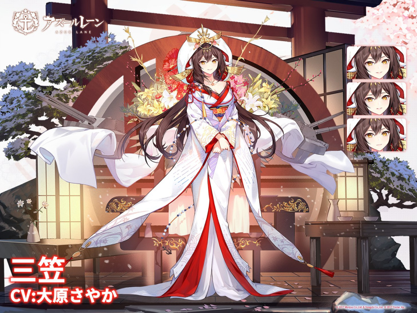 1girl azur_lane bangs brown_hair cherry_blossoms criin expressions floating_hair full_body hood horns japanese_clothes kimono long_hair long_sleeves mikasa_(azur_lane) official_art orange_eyes rigging solo tagme uchikake very_long_hair white_kimono wide_sleeves