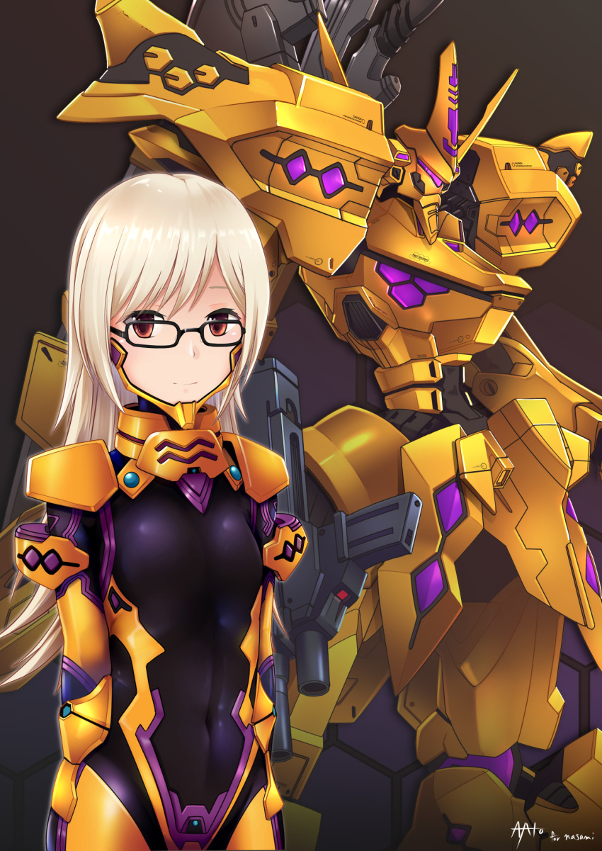 1girl aiyat_@_maotto blonde_hair borrowed_character breasts glasses gun highres holding holding_gun holding_weapon looking_to_the_side mecha muvluv muvluv_alternative muvluv_total_eclipse original pilot_suit short_hair small_breasts takemikazuchi_(muvluv) violet_eyes visor weapon