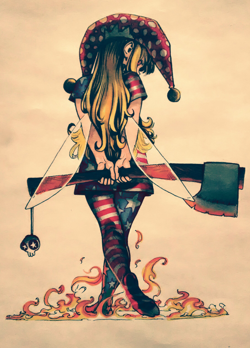 1girl absurdres american_flag_dress american_flag_legwear arms_behind_back axe blonde_hair clownpiece dress fairy_wings fire from_behind full_body hat highres holding holding_axe jester_cap long_hair neck_ruff pantyhose polka_dot red_eyes sendai_(nazonomono) short_dress short_sleeves solo standing star_(symbol) striped striped_legwear touhou traditional_media transparent_wings wings