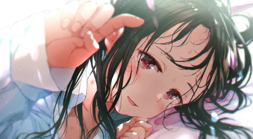 1girl bed_sheet black_hair blush collarbone collared_shirt commentary_request gomennasai hand_up hickey long_hair long_sleeves looking_at_viewer lying on_side original parted_lips red_eyes shirt sleeves_past_wrists smile solo sweat white_shirt