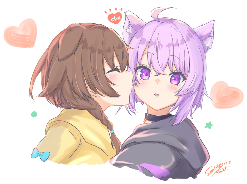 2girls ahoge animal_ear_fluff animal_ears blush braid brown_hair cat_ears closed_eyes commentary_request dated dog_ears hair_between_eyes heart hololive imminent_kiss inugami_korone looking_at_viewer multiple_girls nekomata_okayu ogura_toast purple_hair short_hair signature twin_braids violet_eyes virtual_youtuber yuri