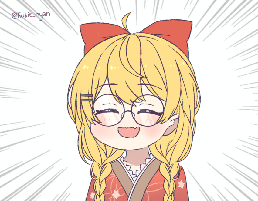 1girl :d ahoge blonde_hair blush bow braid closed_eyes emphasis_lines facing_viewer fang glasses hair_bow hair_ornament hairclip hololive japanese_clothes kimono kukie-nyan open_mouth red_bow red_kimono round_eyewear simple_background skin_fang smile solo twin_braids twitter_username upper_body yozora_mel