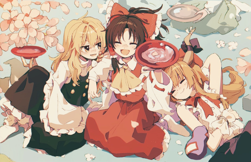 4girls :d ascot black_skirt black_vest blonde_hair blush bow brown_hair cherry_blossoms closed_eyes cup double-breasted drunk facing_viewer flower gourd hair_bow hakurei_reimu hand_up holding horn_bow horns ibuki_suika ka_(marukogedago) kirisame_marisa konpaku_youmu long_hair multiple_girls nose_blush open_mouth out_of_frame pink_flower ponytail red_bow red_skirt red_vest sakazuki sitting skirt smile socks touhou vest white_legwear yellow_neckwear