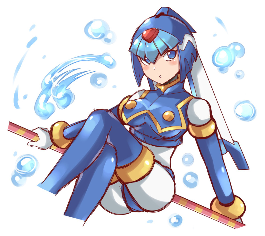 1girl android blue_eyes bodysuit breasts bubble cropped_legs crossed_legs helmet highres himurororo holding holding_weapon large_breasts leviathan_(rockman) polearm rockman rockman_zero simple_background solo thigh-highs water weapon white_background