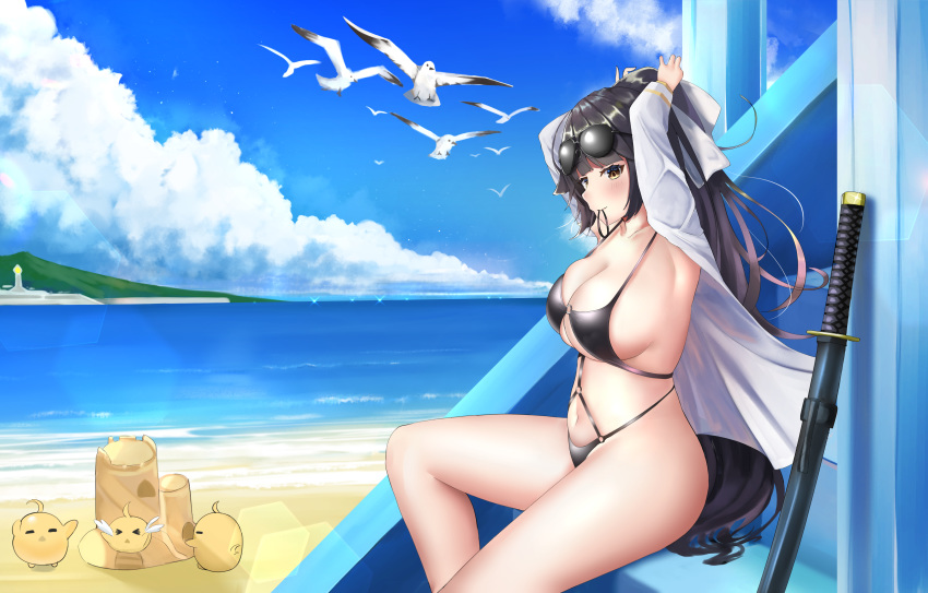 1girl absurdres adjusting_hair alternate_costume arms_behind_head azur_lane bikini black_bikini black_hair bow breasts eyewear_on_head hair_bow hair_tie_in_mouth highres large_breasts lemontea_(ekvr5838) long_hair looking_at_viewer looking_to_the_side manjuu_(azur_lane) mouth_hold multi-strapped_bikini open_clothes ponytail sand_castle sand_sculpture sheath sheathed shirt sitting solo sunglasses swimsuit takao_(azur_lane) tying_hair very_long_hair water white_bird white_bow white_shirt yellow_eyes