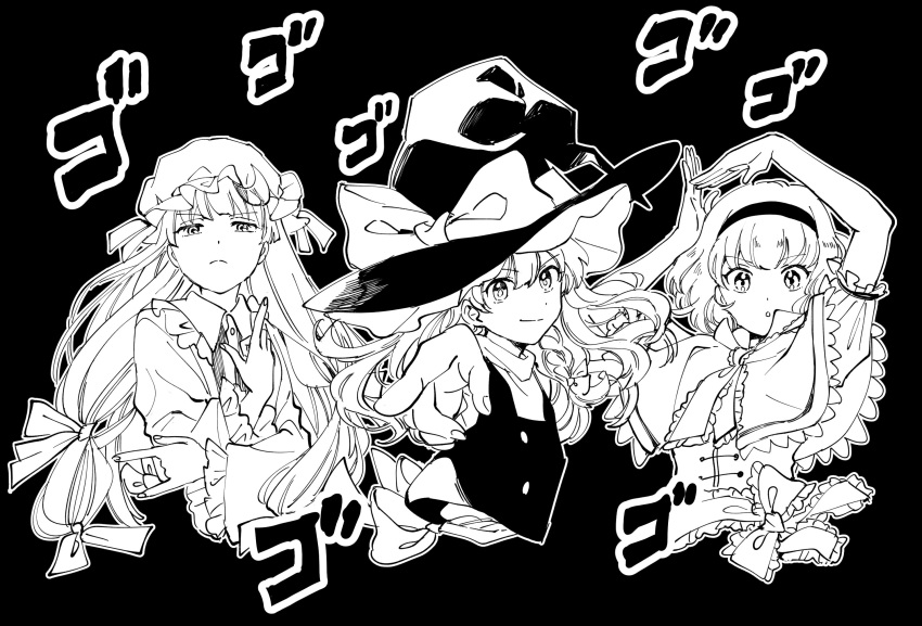 3girls alice_margatroid apron arms_up bangs black_background black_dress bow braid buttons capelet dress frilled_dress frilled_sleeves frills frown greyscale hat hat_bow highres jojo_no_kimyou_na_bouken jojo_pose juliet_sleeves kirisame_marisa long_hair long_sleeves looking_at_viewer menacing_(jojo) mob_cap monochrome multiple_girls natsume_(menthol) open_mouth pajamas patchouli_knowledge pointing pointing_at_viewer pose puffy_short_sleeves puffy_sleeves short_hair short_sleeves side_braid simple_background single_braid smile striped striped_dress touhou waist_apron white_bow witch witch_hat