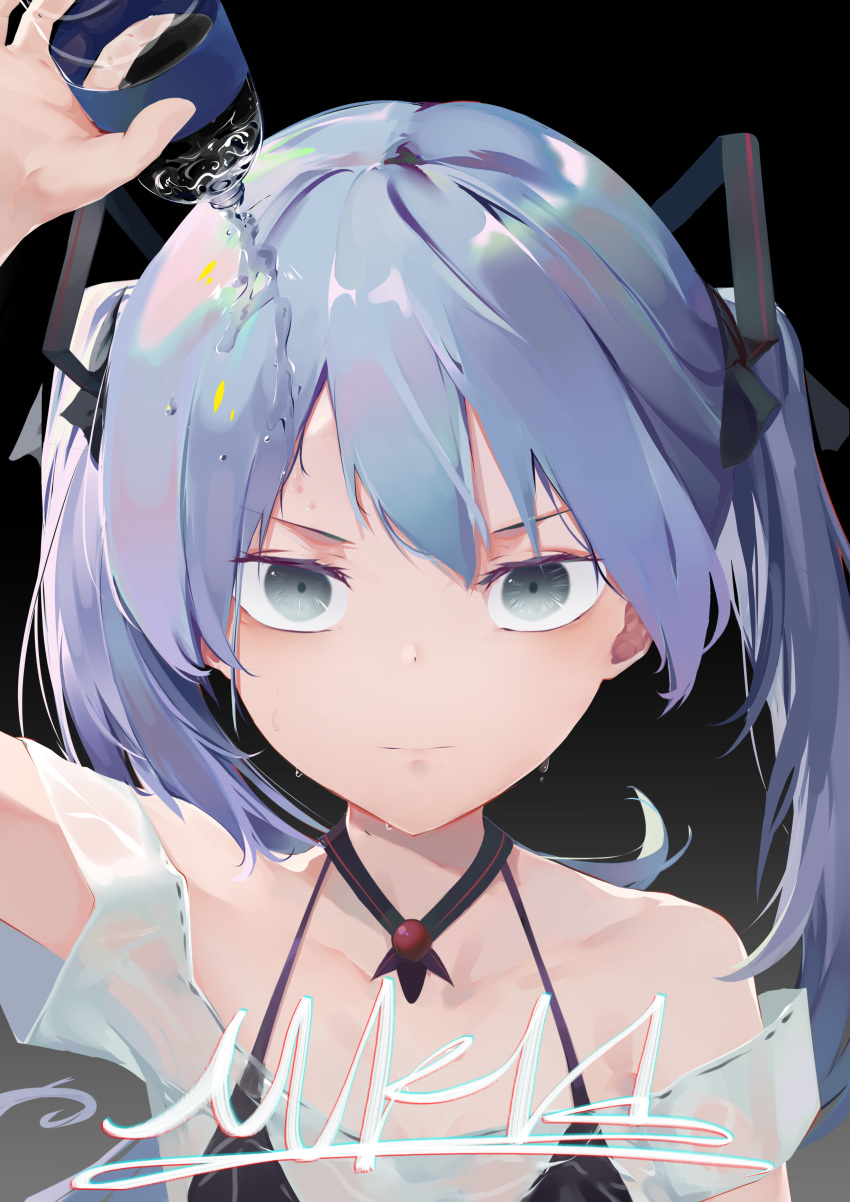1girl absurdres aqua_eyes aqua_hair bangs black_background bottle breasts closed_mouth commentary expressionless hatsune_miku highres long_hair looking_at_viewer pouring pouring_onto_self sidelocks simple_background small_breasts solo twintails upper_body vocaloid water water_bottle zeppeki_shoujo