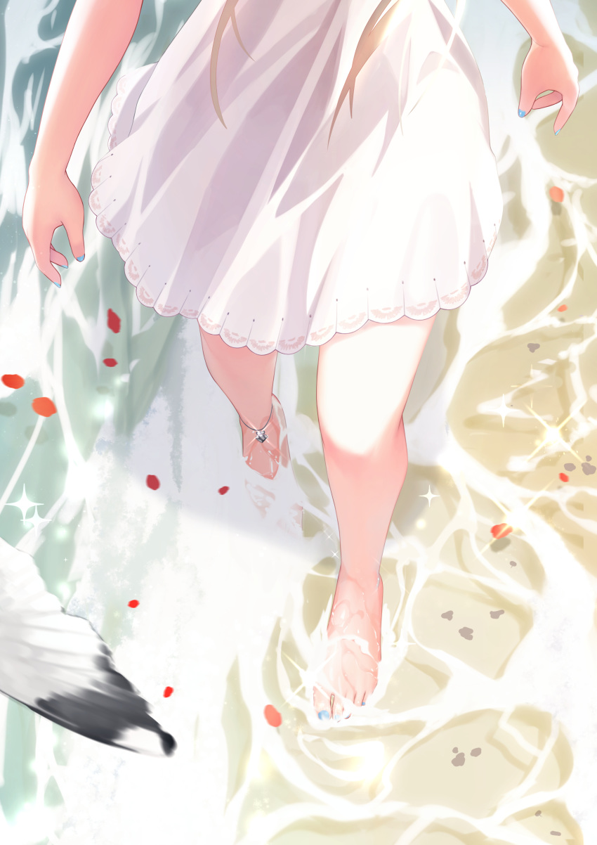 1girl absurdres anklet barefoot bird blonde_hair blue_nails character_request dress from_above glint highres jewelry legs long_hair lower_body nail_polish petals solo sparkle toenail_polish wading walking warship_girls_r water white_dress xiaoyin_li